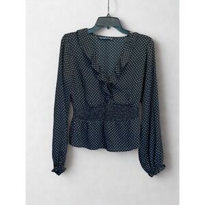Abercrombie & Fitch Women's Top Black Blouse Smocked Peplum Polka Dots Ruffle S